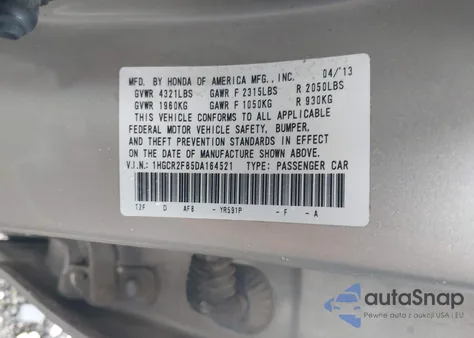2013 Honda Accord Sdn Ex-L z USA, uszkodzony, nr VIN 1HGCR2F85DA164521